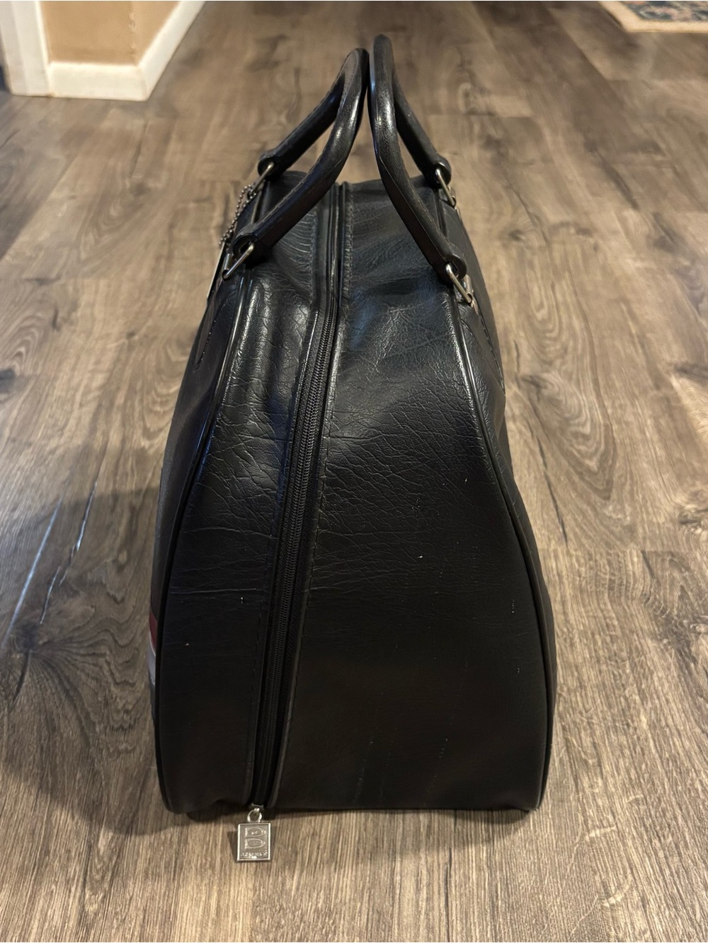 Vintage Brunswick Bowling Ball Bag Black Tri Color Red Gray Stripes Wire Frame - Picture 4 of 10